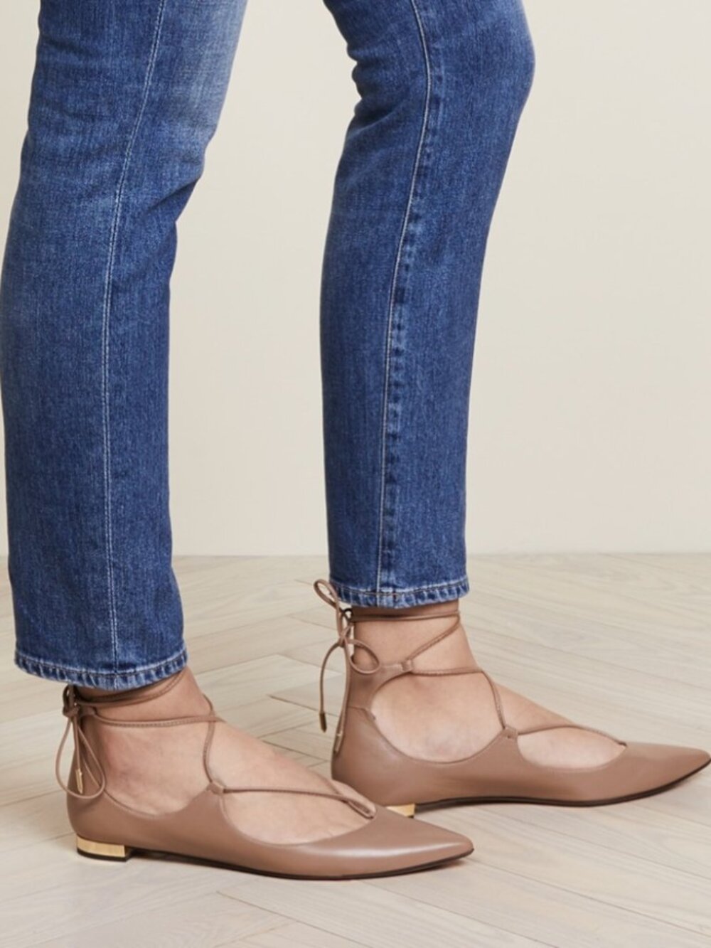 Aquazzura Christy Lace-Up Flats - Biscotto / Nude Leather - Size 37.5